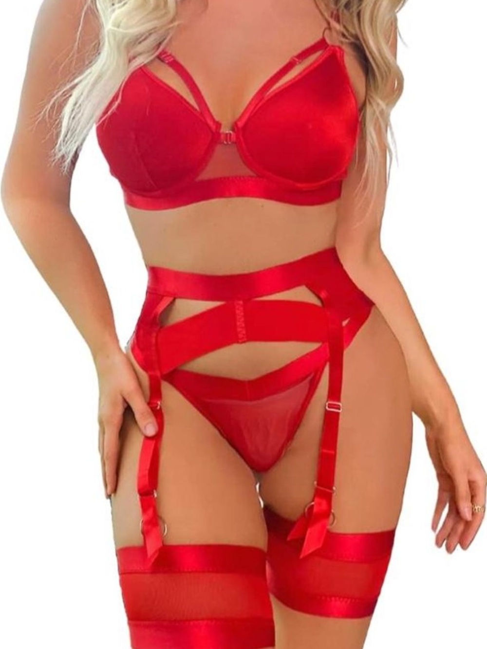 Sexy Red Satin Strappy Bra & Garter Set - Women Intimates